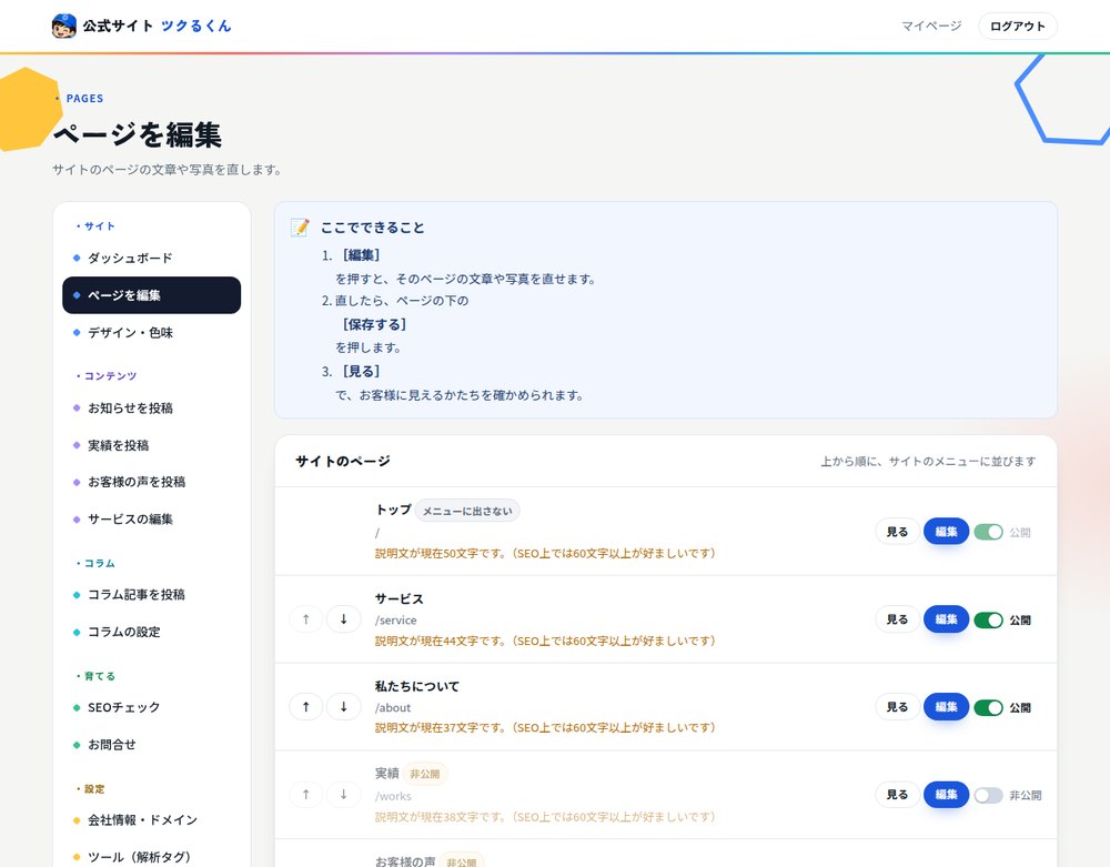 管理画面のページ一覧。ページごとの編集・公開の切り替え・並び替えができる